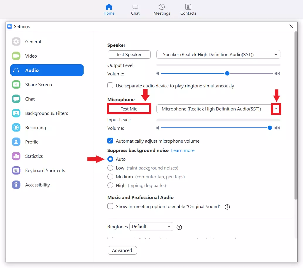 Posibilidad de probar la funcionalidad del micrófono en la configuración de audio de Zoom