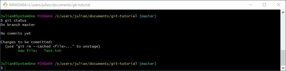 Git Bash: comprobación del estado tras modificar la copia de trabajo