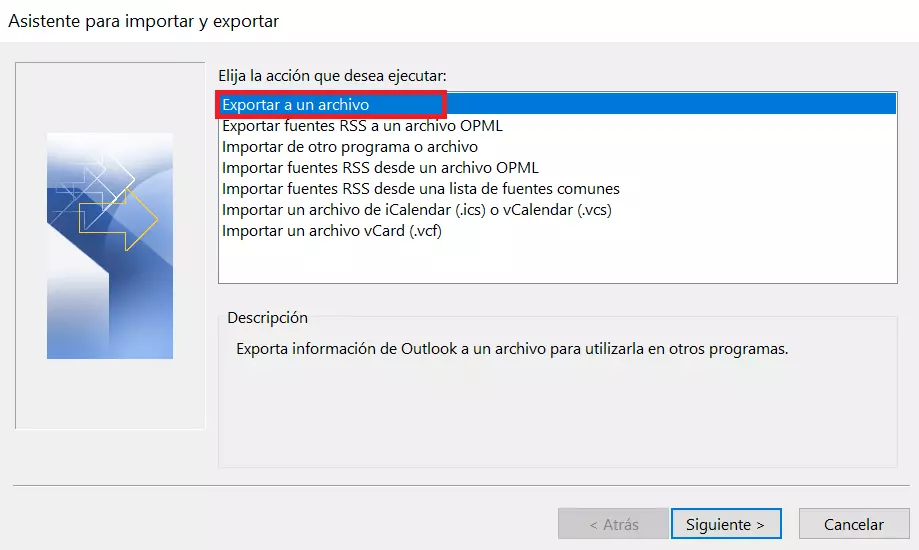 Asistente para importar y exportar de Outlook: “Exportar a un archivo”