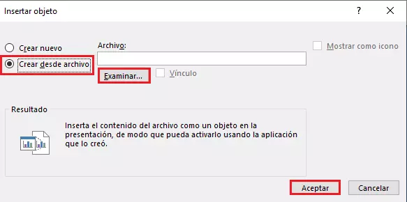 Insertar objeto en PowerPoint: crear desde archivo 