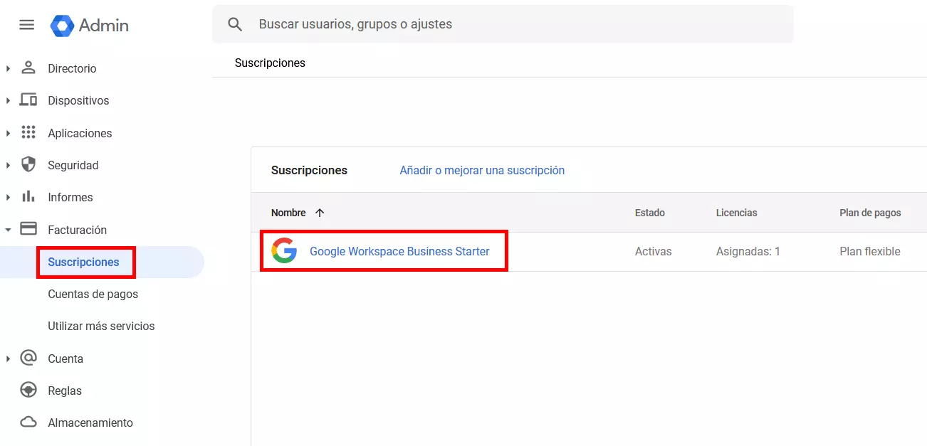 Visión general de las suscripciones existentes en la consola de administración de Google Workspace