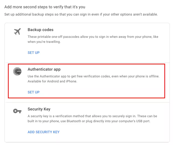 Opción para seleccionar la aplicación Authenticator en la cuenta de Google