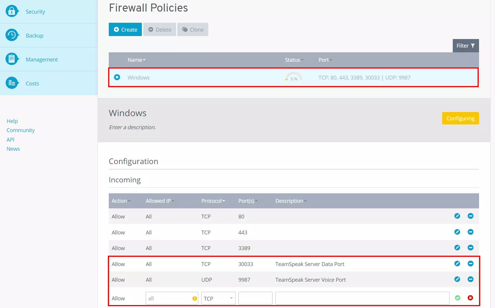 Abrir puertos en el Cloud Panel de IONOS