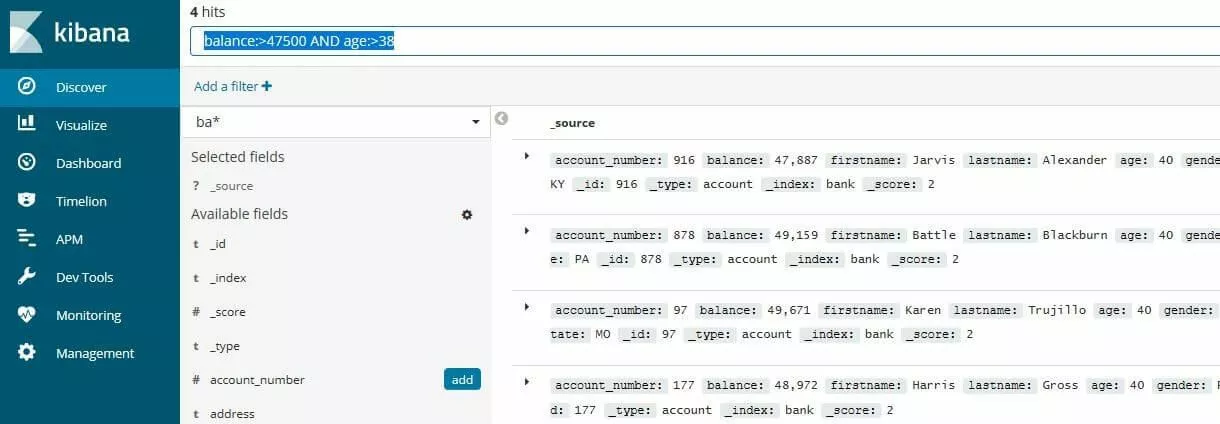 Kibana: resultados del filtrado de un registro