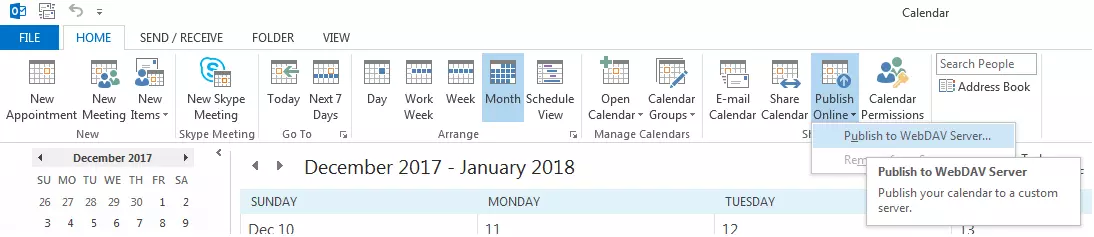 Outlook: barra de herramientas de la vista de calendario en la pestaña “Home” (Inicio)