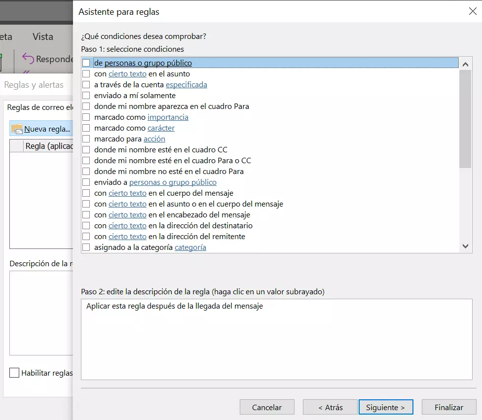 Outlook 365: asistente de reglas - términos de las reglas de bandeja de entrada