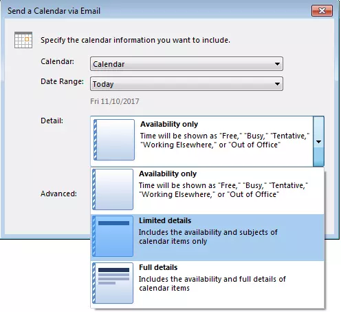 Outlook: selección del nivel de detalle en el cuadro de diálogo “Send a Calendar via Email” (Enviar un calendario por correo electrónico)