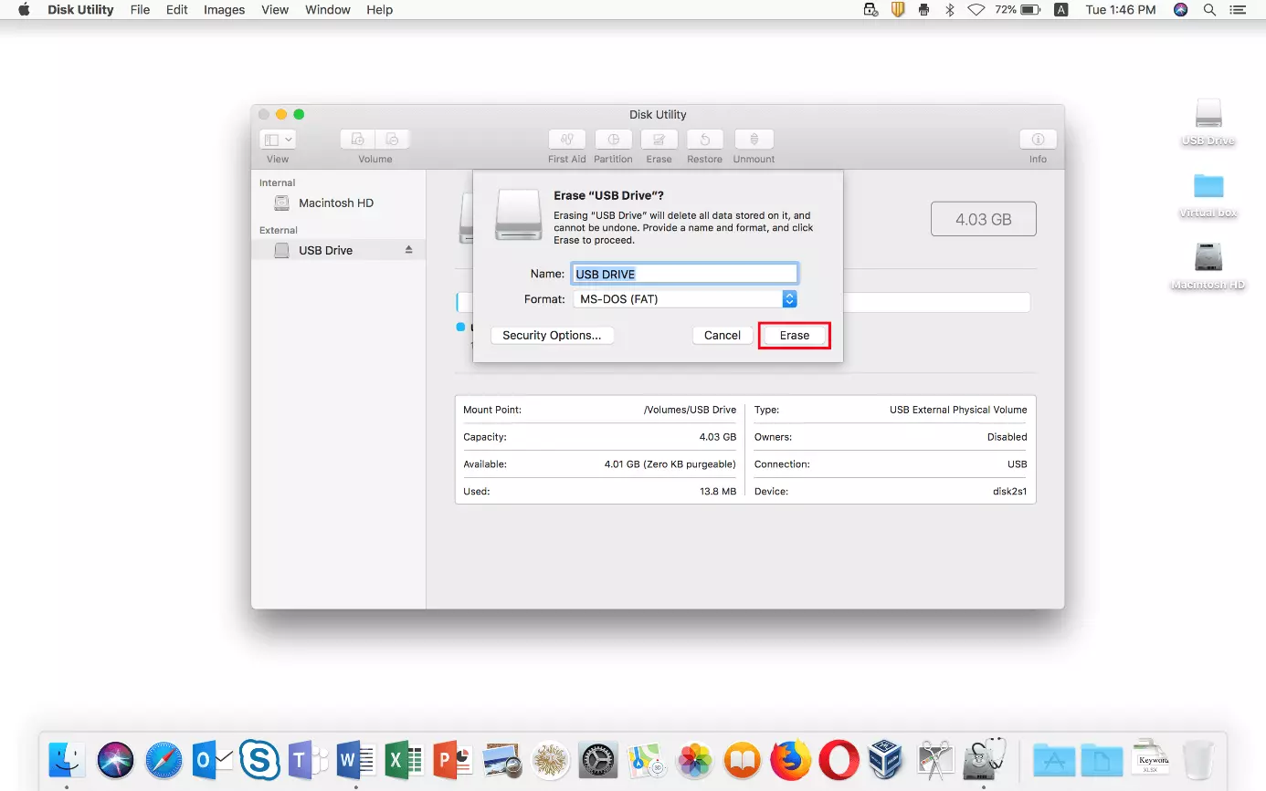 Formatear una unidad USB en Mac: ventana “Borrar”