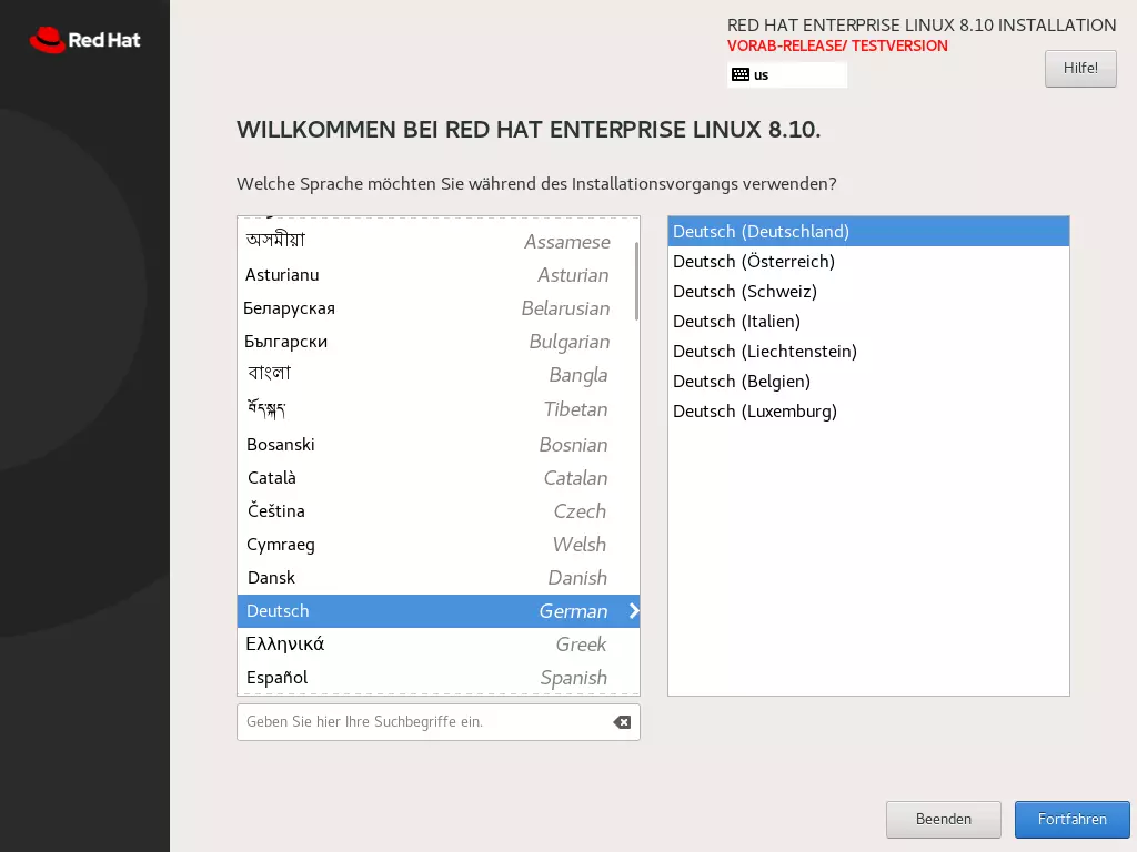 Red Hat Install: selección de idioma