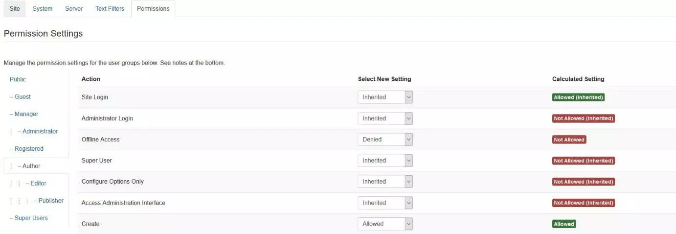 Joomla: configuración de permisos para grupos de usuarios