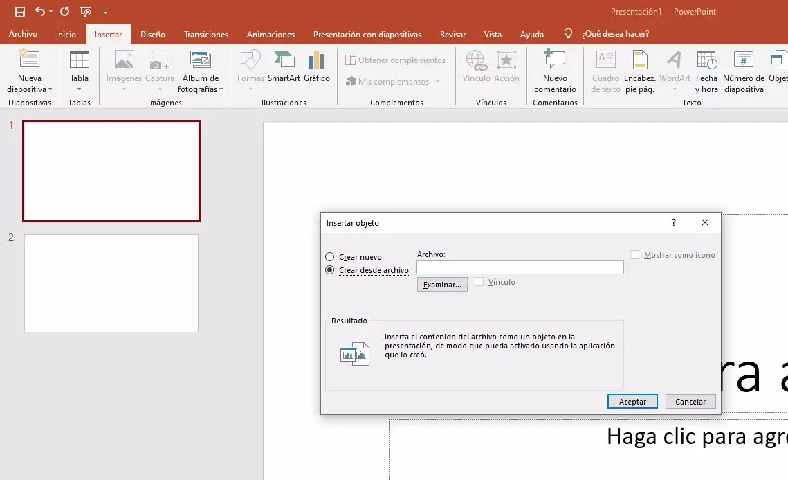 Ventana de PowerPoint “Insertar objeto”