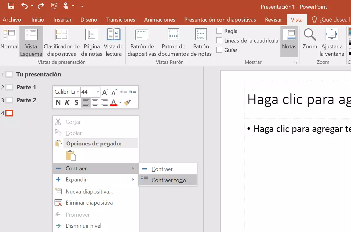 Crear tabla de contenido en PowerPoint: contraer esquema