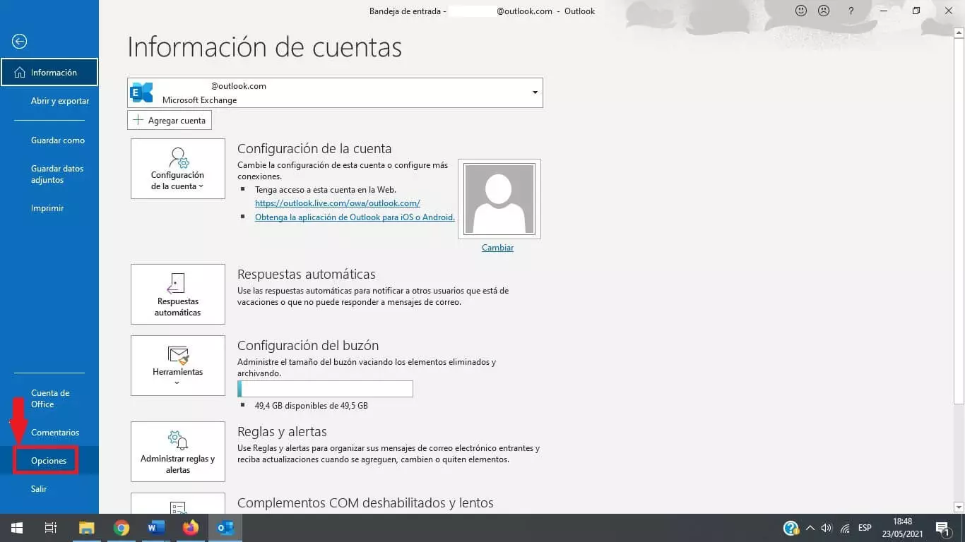 Menú de configuración de Outlook 