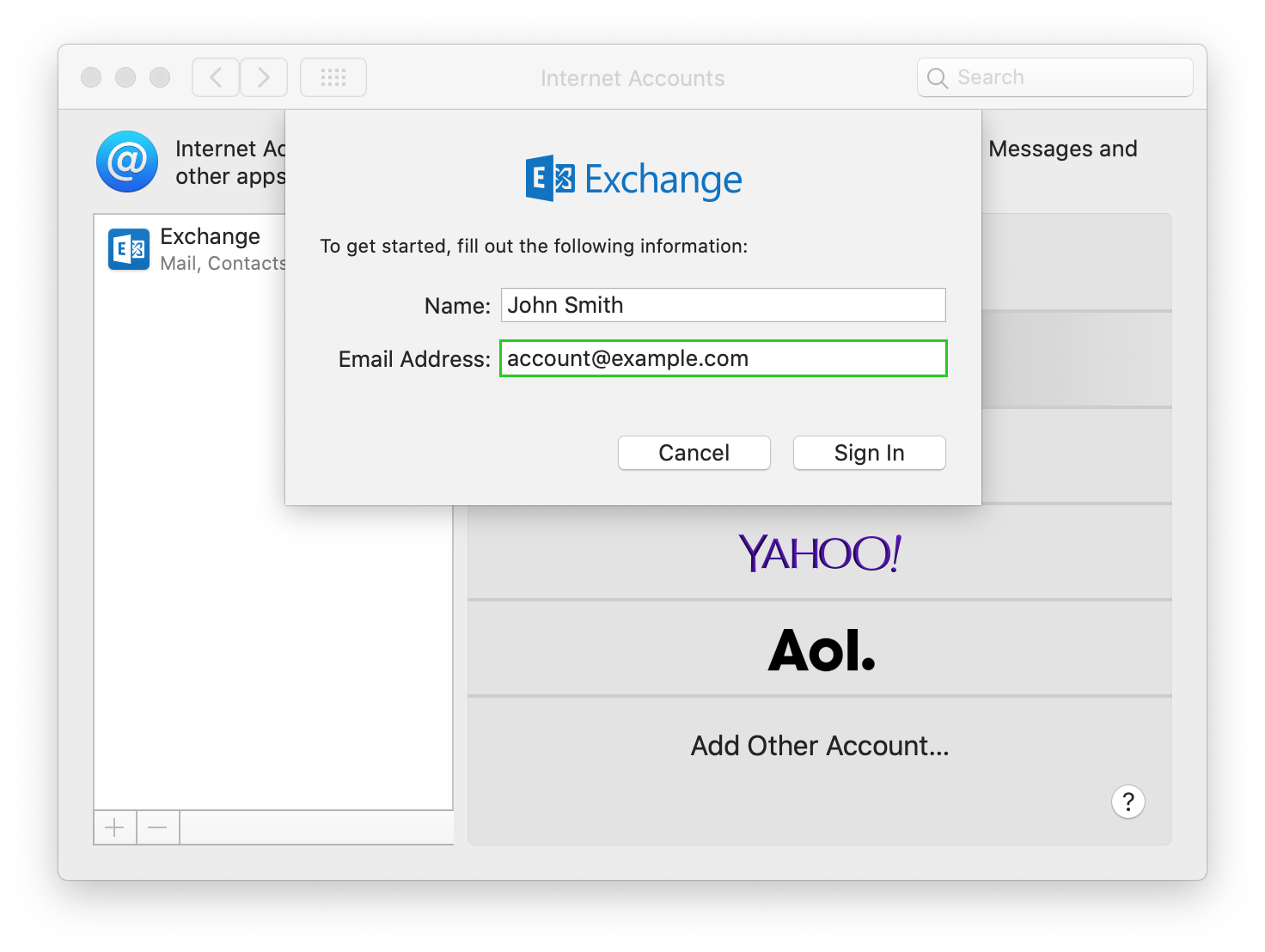 mac mail exchange account