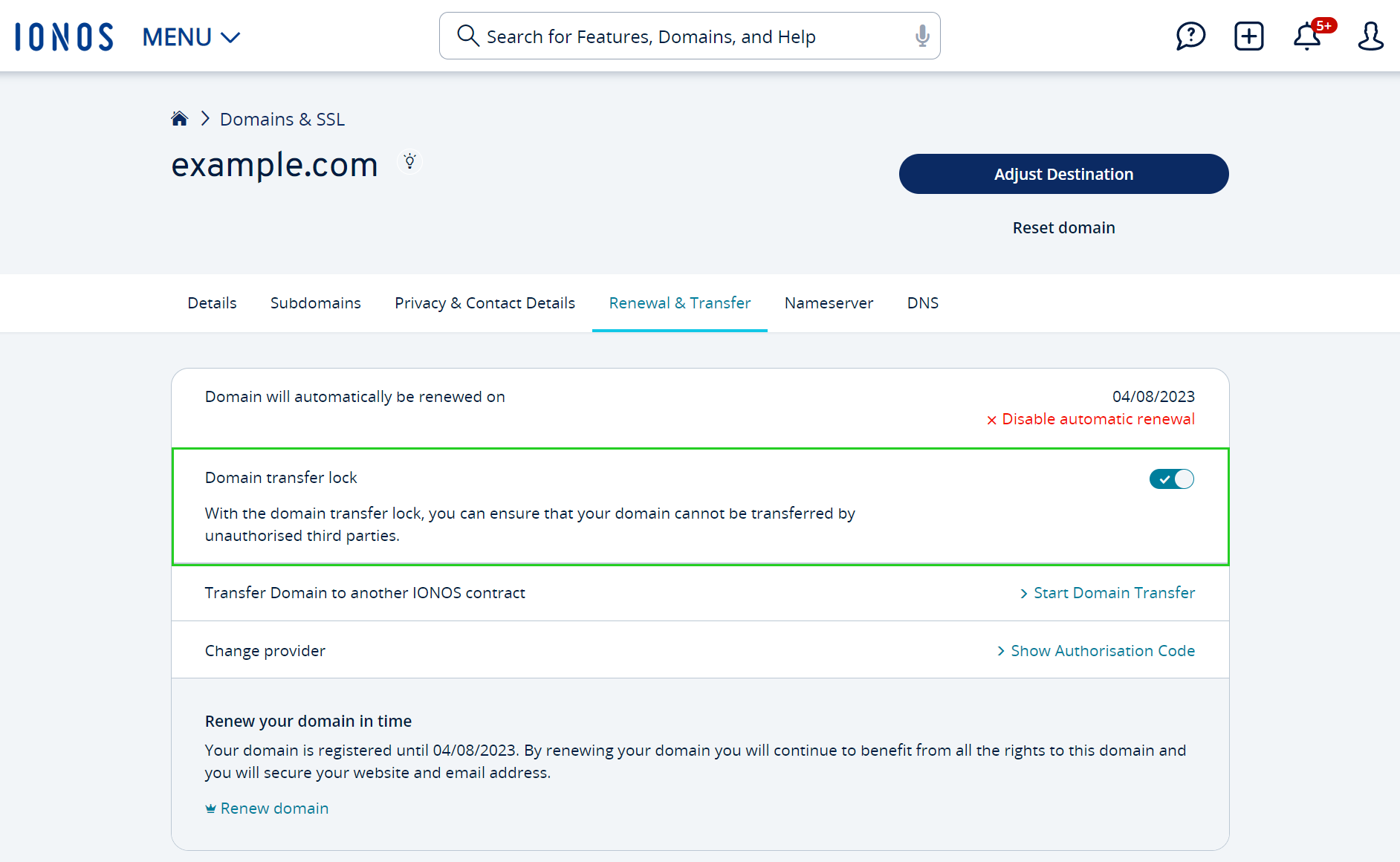 ionos domain transfer code