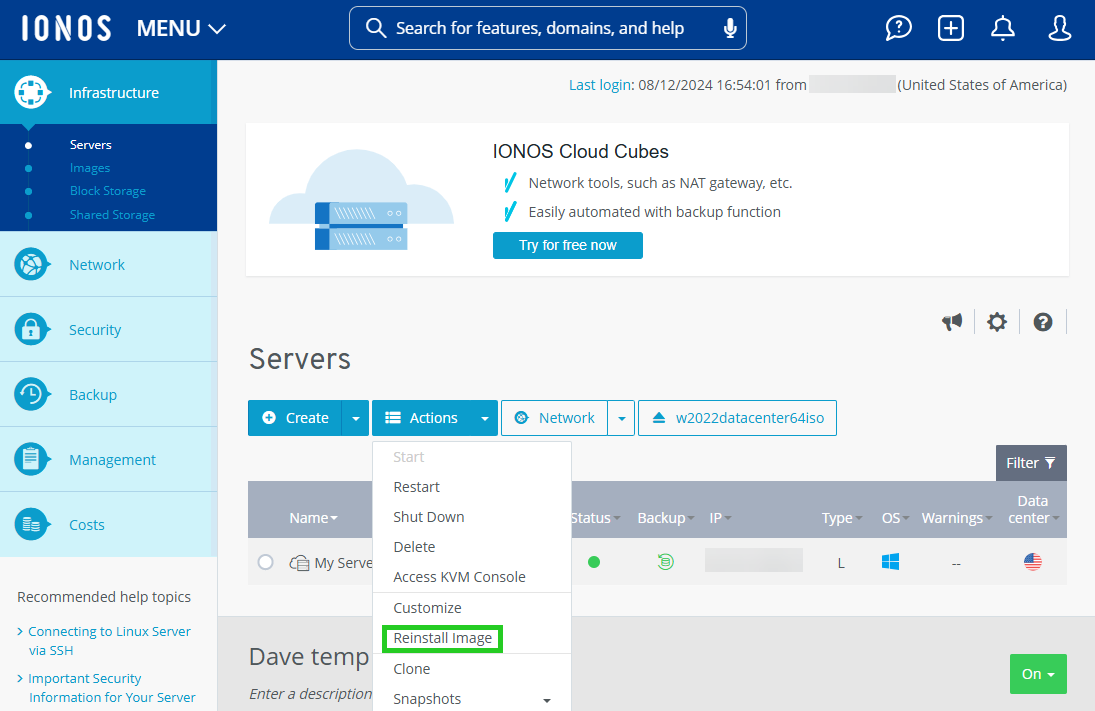 A screenshot of the IONOS Cloud Panel, with 'Reinstall Image' under the 'Actions' tab highlighted