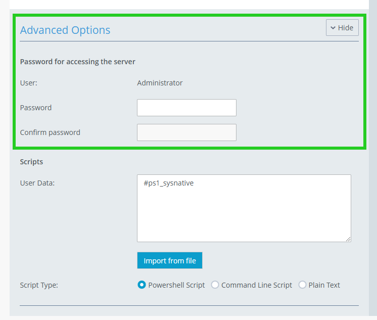 A screenshot of the IONOS Cloud Panel with the 'Advanced Options' section of the 'Reinstall Image' page highlighted