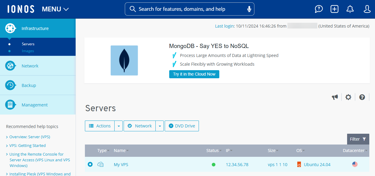 A screenshot of the IONOS Cloud Panel