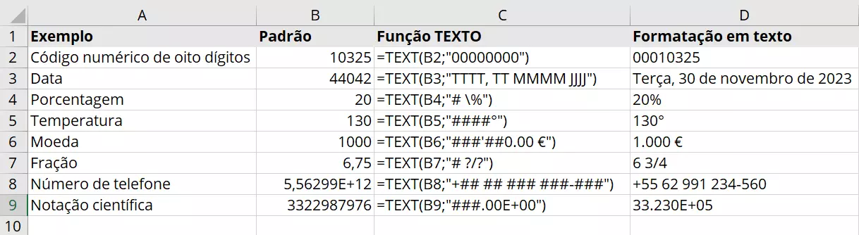 Exemplos de fórmulas TEXTO no Excel