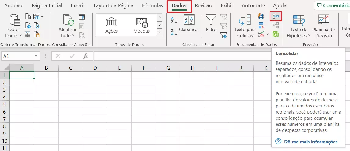 Recurso Consolidar do Excel, na aba de menu Dados