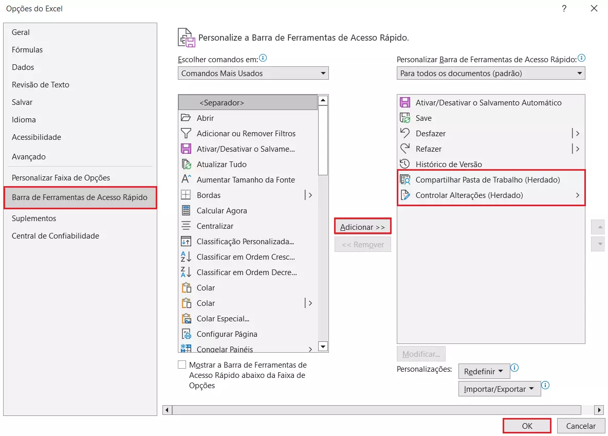 Opções do Excel