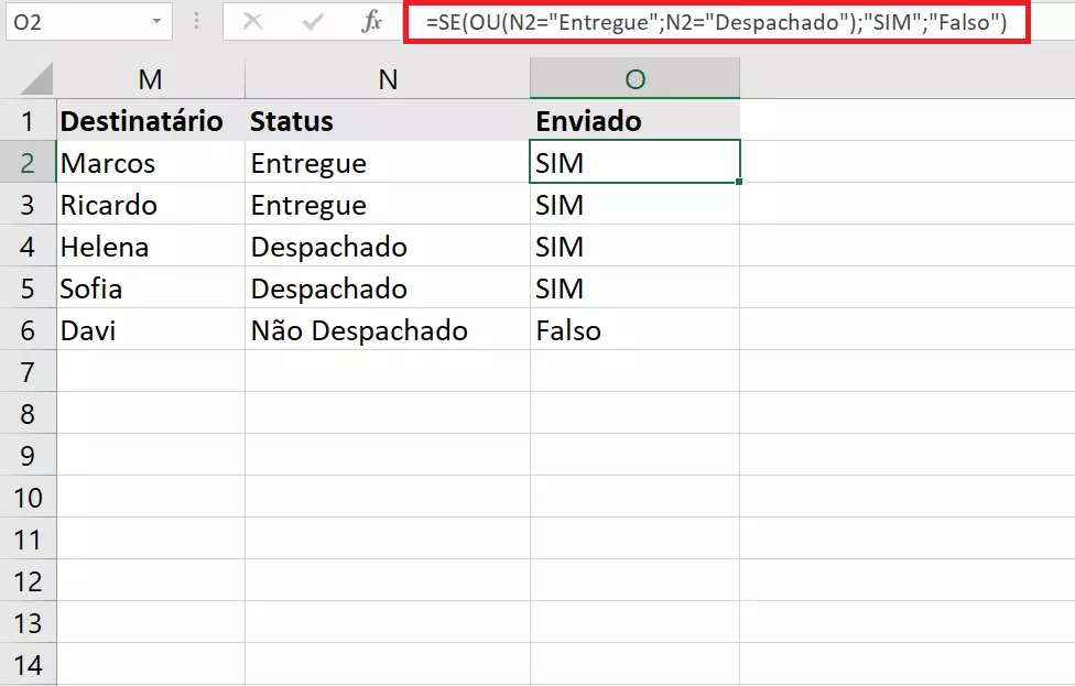 Função SE do Excel combinada à função OU