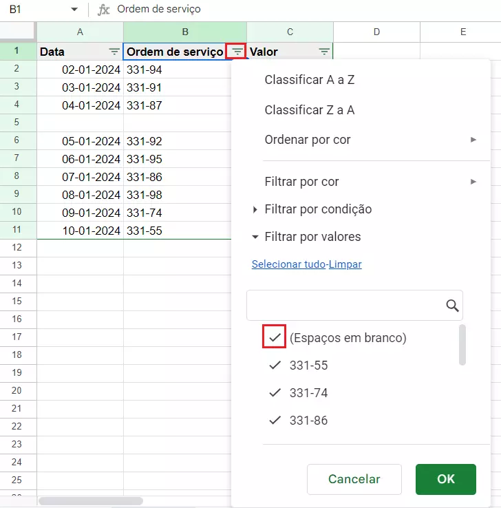 Menu Filtrar no Google Sheets