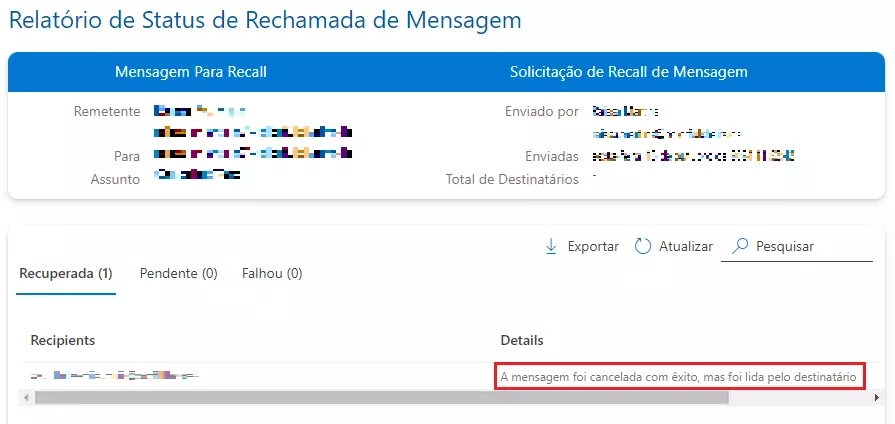 Relatório de status confirma cancelamento de mensagem pelo Outlook