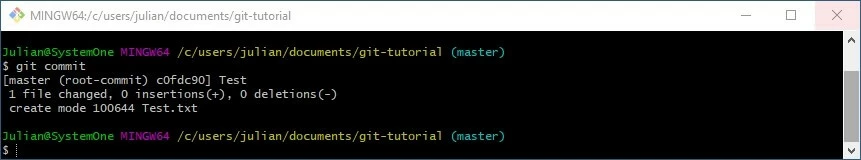 Tutorial Git: resultado no Git-Bash depois de executado o comando “git commit”