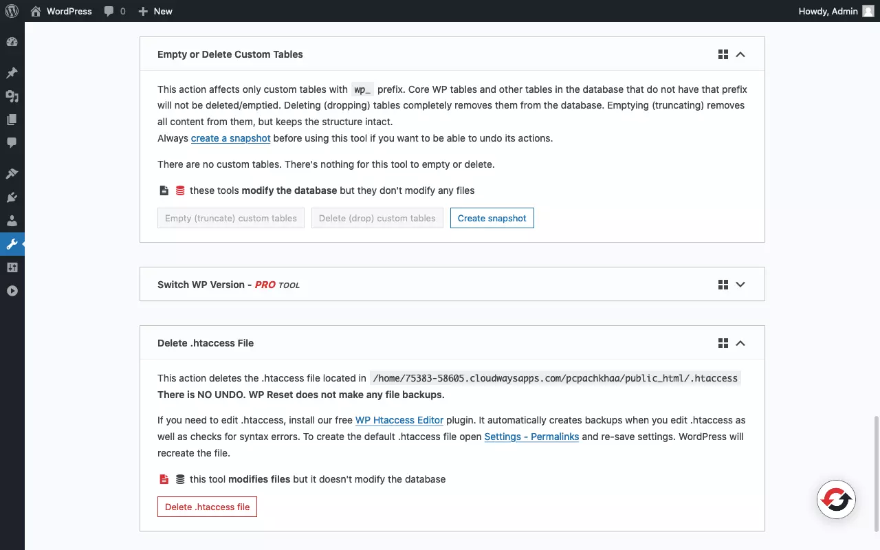 Captura de tela da página de ferramentas do plugin WP Reset (3/3)