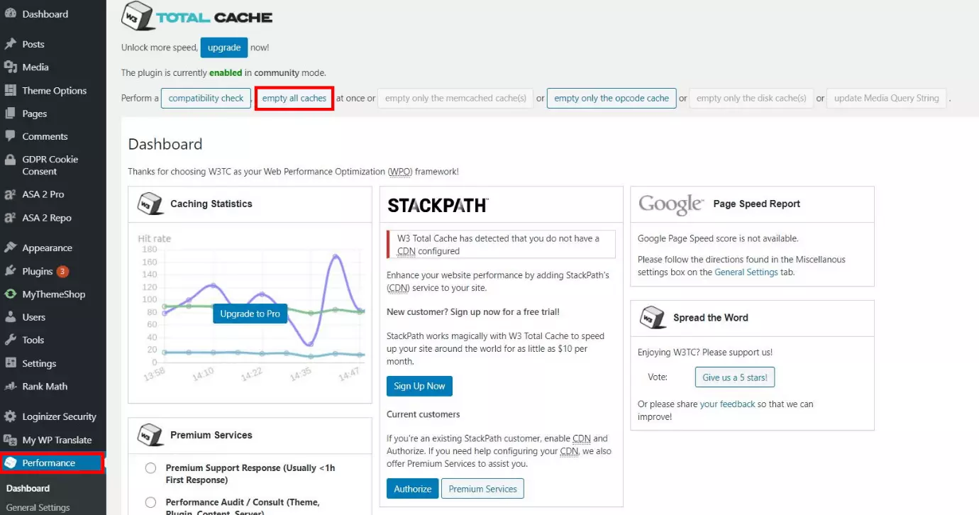 Página de configurações do W3 Total Cache com o botão para limpeza de cache