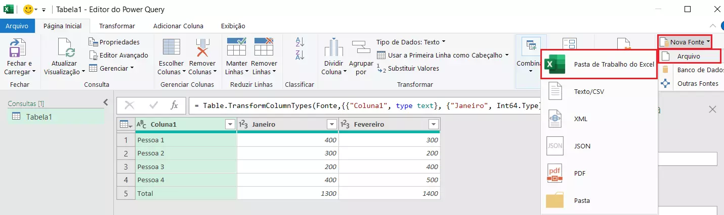 Recurso Nova Fonte no Power Query Editor do Excel