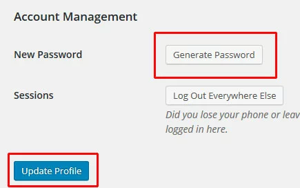 Botões “Gerar senha” e “Atualizar perfil” no painel WordPress