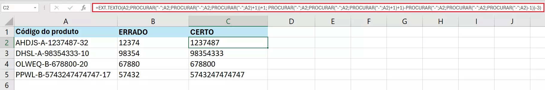 Combinação de funções do Excel EXT.TEXTO e PROCURAR, para extrair texto de comprimento variável