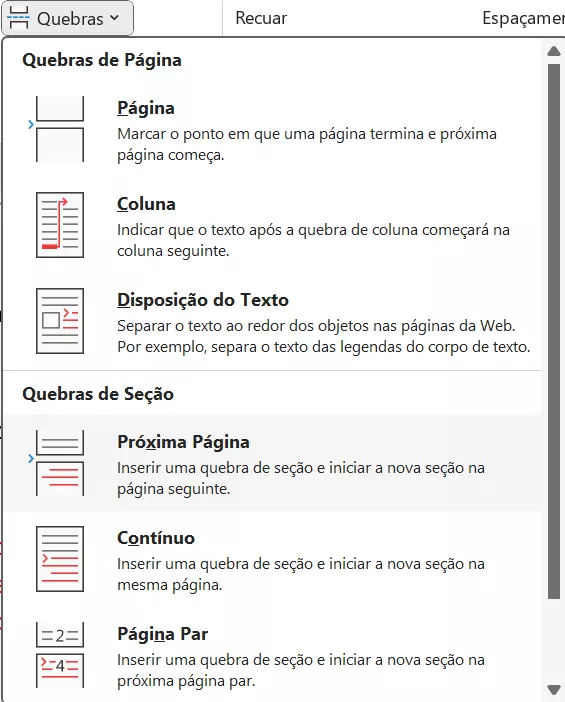 No menu de quebra de página do Word, configure quebras de seção