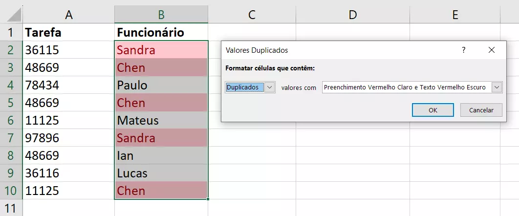 Valores duplicados destacados pelo Excel