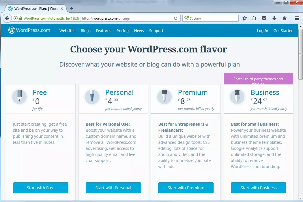 O WordPress.com oferece diferentes pacotes