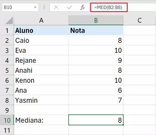 Planilha Excel calcula mediana das notas dos alunos