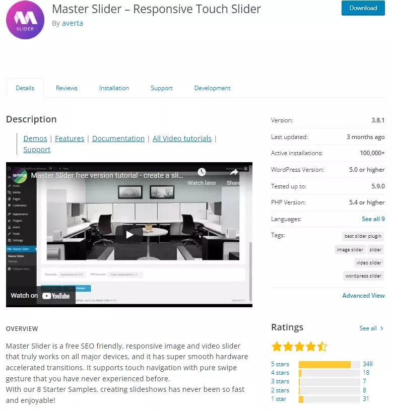 Captura de tela do plugin slider WordPress Master Slider