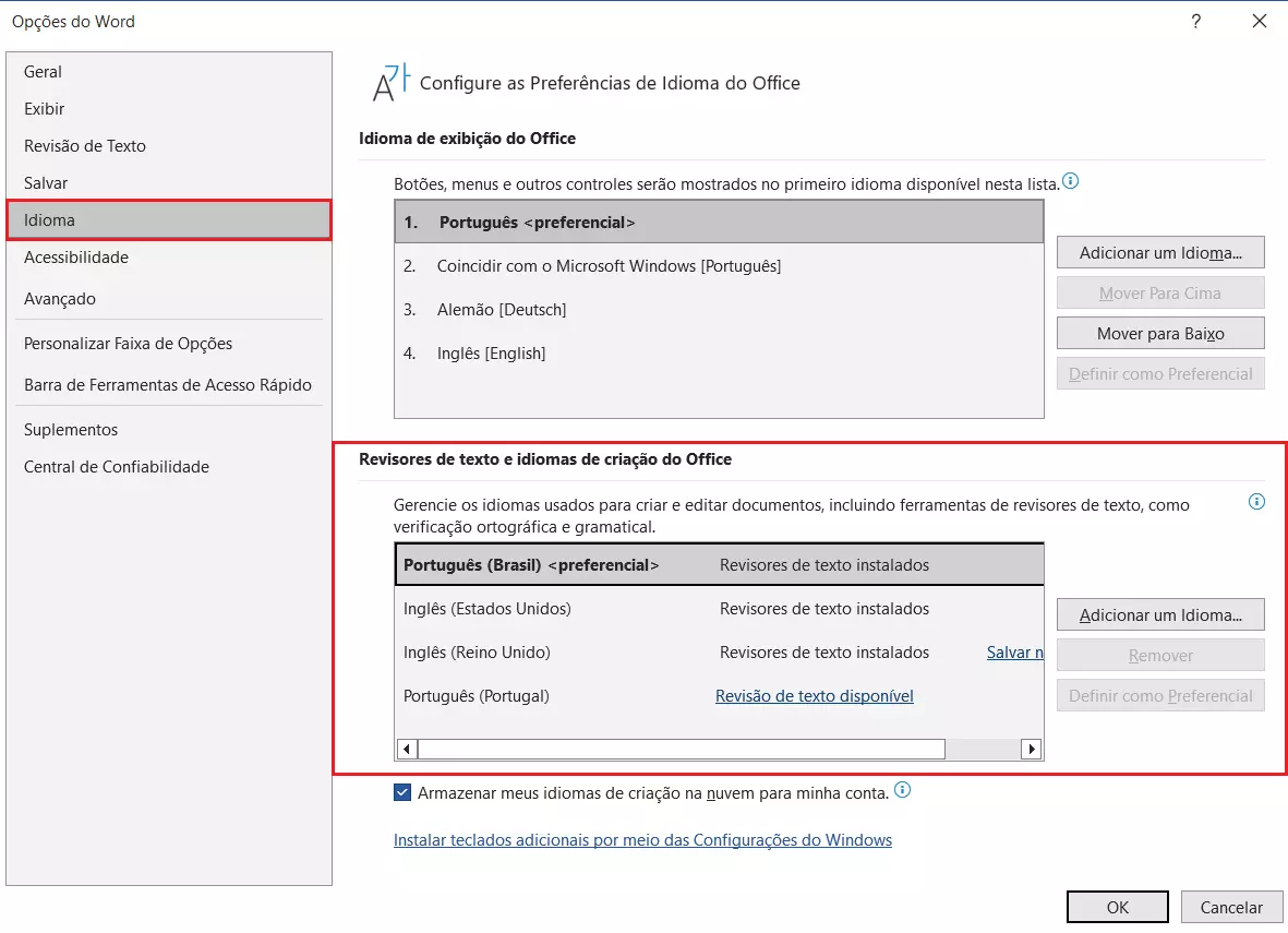 Revisores de texto e idiomas de criação do Office