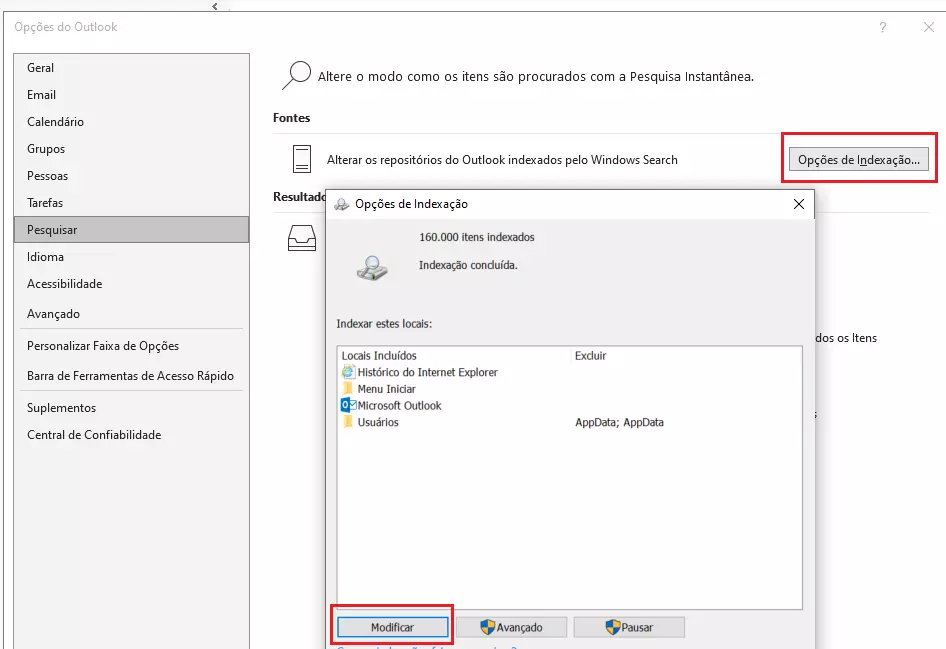 Verificação das opções de indexação do Outlook