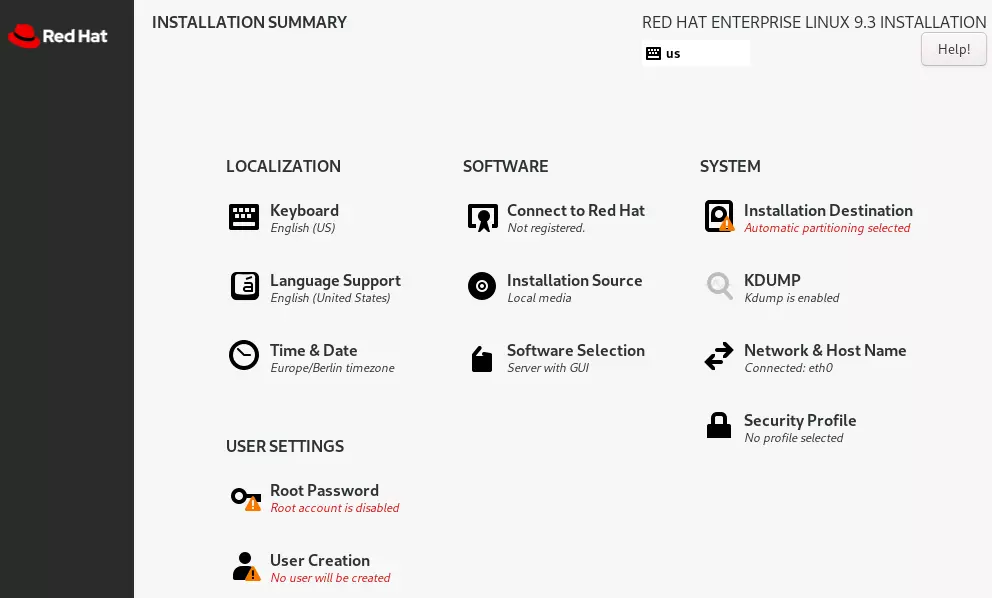 Captura de tela do Installation Summary do RHEL 9