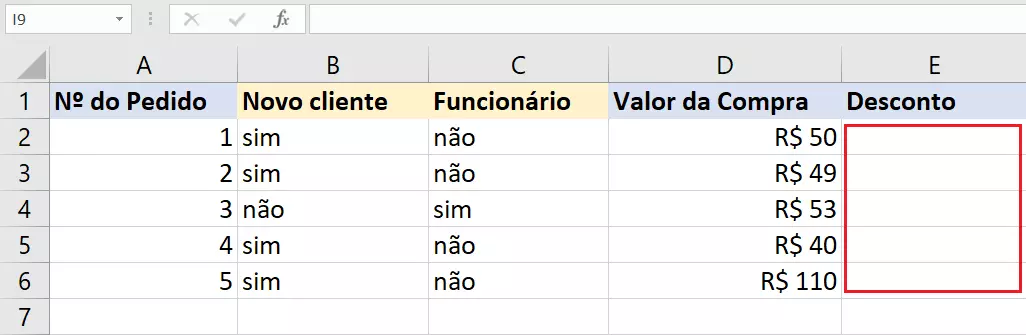 Função SE E do Excel para determinar desconto ligado a funcionário