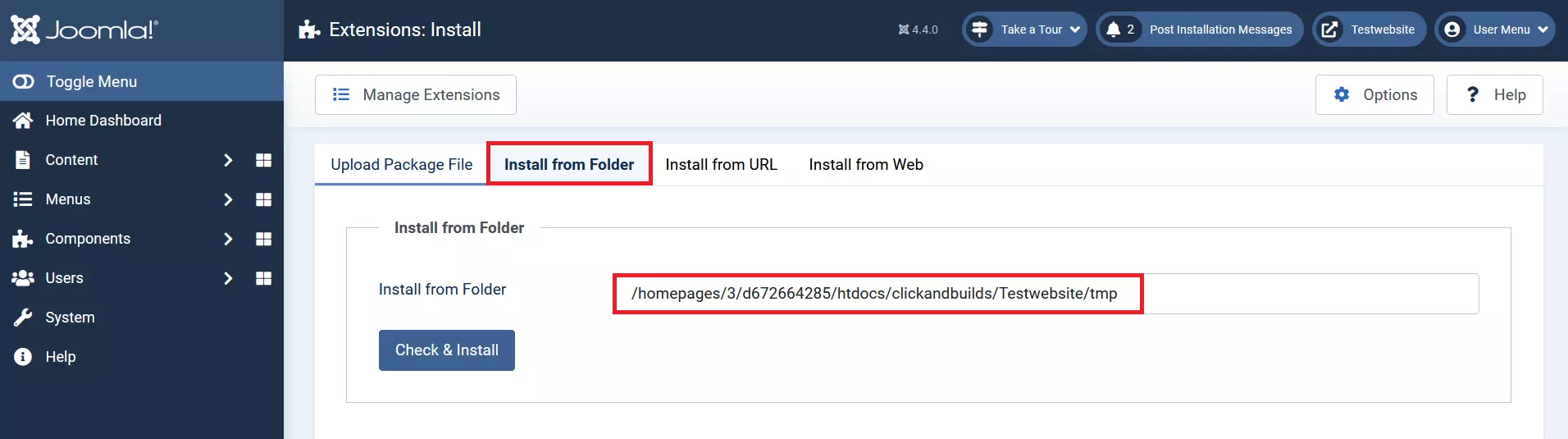 Opção de instalação de template Joomla por diretório, no back-end