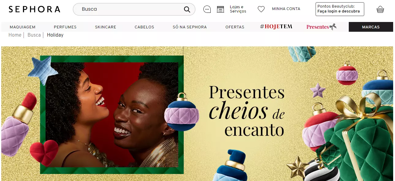 Captura de tela da página da Sephora dedicada aos presentes de Natal