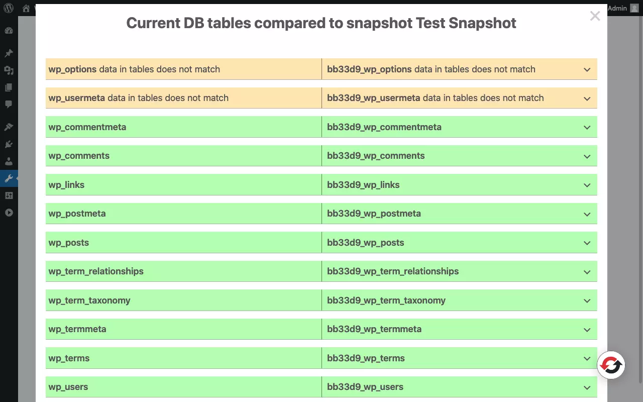 Captura de tela de comparação entre um snapshot do plugin WP Reset e o atual banco de dados