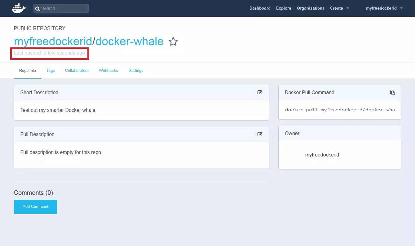 Docker Hub: visão detalhada do repositório myfreedockerid docker-whale