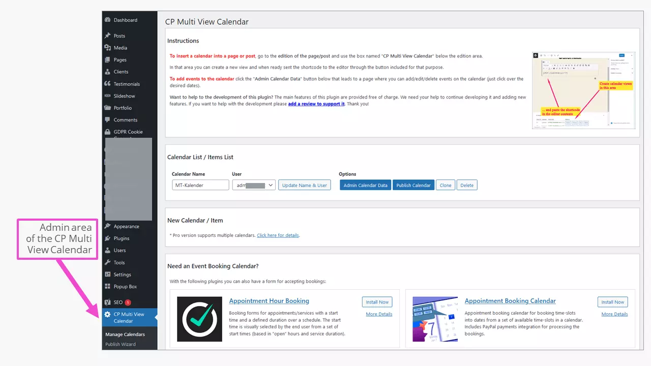 Área administrativa do CP Multi View Calendar