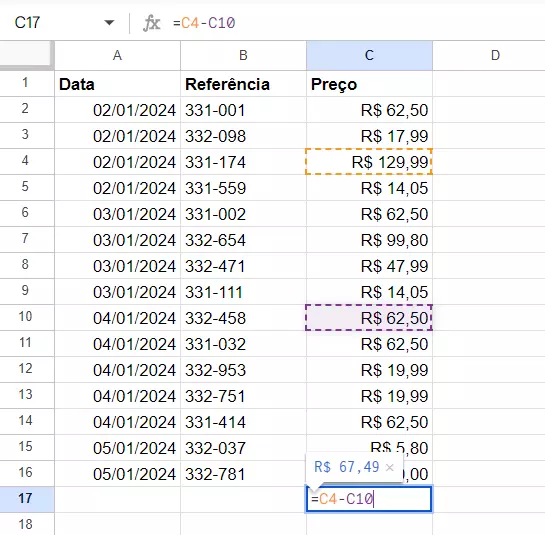 Captura de tela de uma fórmula de subtração aplicada a uma planilha do Google