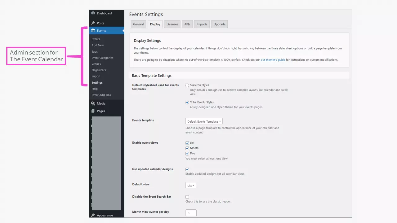 Área administrativa do plugin The Events Calendar, que oferece calendário WordPress